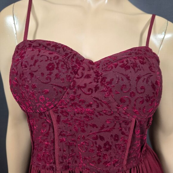 Y2K Fit Flare Whimsigoth Dress M Burgundy Flocked Velvet Corset Mini Pockets - Picture 2 of 10